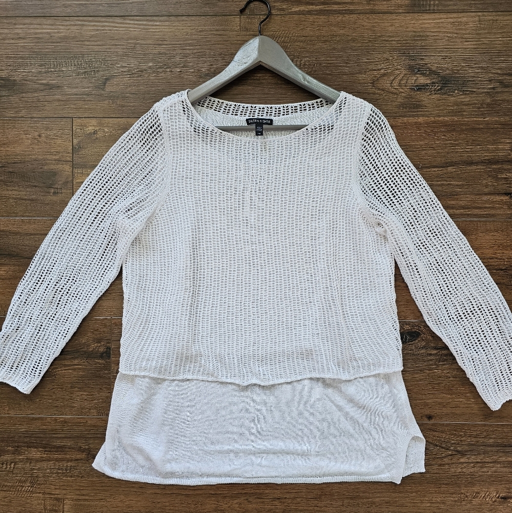 Eileen Fisher Small White Linen Knit Mesh Overlay Tiered Layered Sweater Top